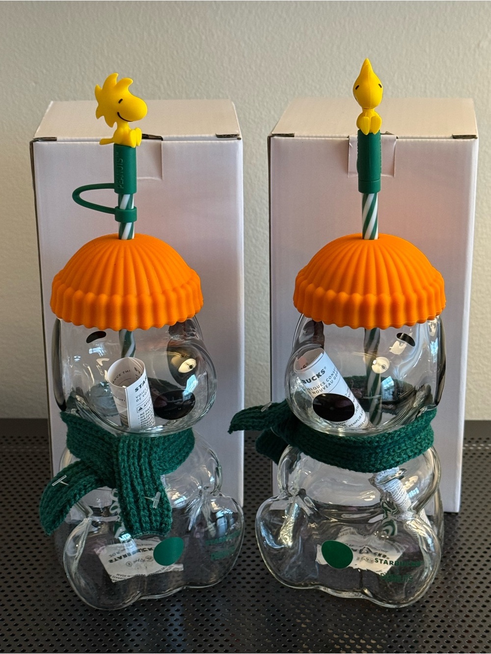 Starbucks Orange-Hat Snowman Bottle with Green Scarf & Woodstock Topper
